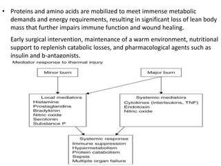 • Proteins and amino acids are mobilized to meet immense metabolic
demands and energy requirements, resulting in significant loss of lean body
mass that further impairs immune function and wound healing.
Early surgical intervention, maintenance of a warm environment, nutritional
support to replenish catabolic losses, and pharmacological agents such as
insulin and b-antagonists.
14
 