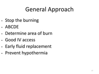 General Approach
• Stop the burning
• ABCDE
• Determine area of burn
• Good IV access
• Early fluid replacement
• Prevent hypothermia
193
17
 
