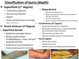 Classification of burns (depth)
– Deep dermal
• Epidermis and deep dermis
• Blisters; wet /waxy dry; patchy to cheesy white to
red; does not blanch
• Pressure sensation only
• Requires excision and grafting for return of function
• Full thickness (3rd degree)
– Destruction of epidermis and dermis
– Waxy white, leathery gray or charred and black;
dry and inelastic; does not blanch
– Deep pressure sensation only
– Requires complete excision; limited function
• Fourth degree
– Muscle, fascia, bone
– Deep pressure only
– Requires excision and grafting; limited function.
 Superficial (1st degree)
– Confined to epidermis
– Dry and red; blanches
– Painful
– Heals spontaneously in 3-6 days
(eg: Sunburn)
 Partial thickness (2nddegree)
– Superficial dermal
• Epidermis and upper dermis
• Blisters (swell contain
fluidbloodpus) ; moist, red and
weeping; blanches
• Painful to air and temperature
• Heals spontaneously in 14-21 days
8
 