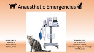Anaesthetic Emergencies
SUBMITTED BY
Meenu P M
MVSc Scholar
PGIVAS,Akola
SUBMITTED TO
DR.M G Thorat
Professor & Head
Veterinary Surgery and Radiology
PGIVAS ,Akola
 