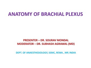 ANATOMY OF BRACHIAL PLEXUS
PRESENTER – DR. SOURAV MONDAL
MODERATOR – DR. SUBHASH AGRAWAL (MD)
DEPT. OF ANAESTHESIOLOGY, SSMC, REWA , MP, INDIA
 