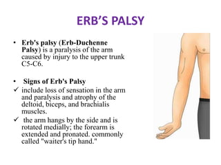 ERB’S PALSY
• Erb's palsy (Erb-Duchenne
Palsy) is a paralysis of the arm
caused by injury to the upper trunk
C5-C6.
• Signs of Erb's Palsy
 include loss of sensation in the arm
and paralysis and atrophy of the
deltoid, biceps, and brachialis
muscles.
 the arm hangs by the side and is
rotated medially; the forearm is
extended and pronated. commonly
called "waiter's tip hand."
 