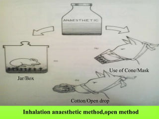 Inhalation anaesthetic method,open method
Jar/Box
Use of Cone/Mask
Cotton/Open drop
 