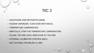 TEC 2
• HALOTHANE AND METHOXYFLURANE.
• PLENUM VAPORIZER, FLOW OVER WITH WICKS.
• TEMPERATURE COMPENSATED
• BIMETALLIC STRIP FOR TEMPERATURE COMPENSATION.
• FILLING TAP AND LEVEL INDICATOR AT THE SIDE
• EXTERNAL CALIBRATED CONTROL BACK.
• NOT SUITABLE FOR BELOW 4L/MIN
 