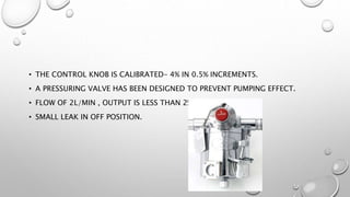 • THE CONTROL KNOB IS CALIBRATED- 4% IN 0.5% INCREMENTS.
• A PRESSURING VALVE HAS BEEN DESIGNED TO PREVENT PUMPING EFFECT.
• FLOW OF 2L/MIN , OUTPUT IS LESS THAN 2%.
• SMALL LEAK IN OFF POSITION.
 