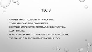TEC 3
• VARIABLE BYPASS, FLOW OVER WITH WICK TYPE.
• TEMPERATURE AND FLOW COMPENSATED.
• BIMETALLIC STRIPS PROVIDE TEMPERATURE COMPENSATION.
• AGENT SPECIFIC.
• IT HAS A LARGER BYPASS. IT IS MORE RELIABLE AND ACCURATE.
• THE DIAL HAS 0.5% TO 5% GRADUATION WITH A LOCK.
 
