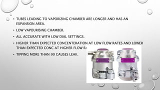 • TUBES LEADING TO VAPORIZING CHAMBER ARE LONGER AND HAS AN
EXPANSION AREA.
• LOW VAPOURISING CHAMBER.
• ALL ACCURATE WITH LOW DIAL SETTINGS.
• HIGHER THAN EXPECTED CONCENTERATION AT LOW FLOW RATES AND LOWER
THAN EXPECTED CONC AT HIGHER FLOW RATES.
• TIPPING MORE THAN 90 CAUSES LEAK.
 