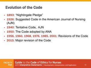 Evolution of the Code
 1893: “Nightingale Pledge”
 1926: Suggested Code in the American Journal of Nursing
(AJN)
 1940: Tentative Code, AJN
 1950: The Code adopted by ANA
 1956, 1960, 1968, 1976, 1985, 2001: Revisions of the Code
 2015: Major revision of the Code
13
 