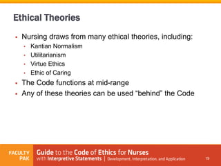 Ethical Theories
 Nursing draws from many ethical theories, including:
• Kantian Normalism
• Utilitarianism
• Virtue Ethics
• Ethic of Caring
 The Code functions at mid-range
 Any of these theories can be used “behind” the Code
19
 
