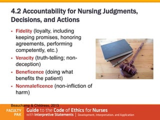  Fidelity (loyalty, including
keeping promises, honoring
agreements, performing
competently, etc.)
 Veracity (truth-telling; non-
deception)
 Beneficence (doing what
benefits the patient)
 Nonmaleficence (non-infliction of
harm)
Beauchamp & Childress, 2013
4.2 Accountability for Nursing Judgments,
Decisions, and Actions
 
