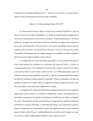 14
Il s'agit de la conception traditionnelle du bilan qui a prévalu en comptabilité
jusqu'en 1982 et l'instauration du nouveau plan comptable.
Figure 4: Le bilan patrimonial type PCG 1957
Le classement de l'actif s'opère en fonction du critère de liquidité et celui du
passif en fonction du critère d'exigibilité. Le critère de liquidité permet d'apprécier la
facilité de transformation d'un actif en monnaie. Traditionnellement et de façon
arbitraire, on oppose les actifs dont le délai de réalisation est supposé être supérieur à
un an, qui sont dénommés actifs immobilisés et les actifs liquidables à moins d'un an,
appelés actifs circulants. La classification du passif se fait en fonction du critère
d'exigibilité. On distingue ainsi les capitaux propres non-exigibles, les dettes exigibles à
plus d'un an et les dettes exigibles à moins d'un an.
La comparaison des actifs circulants (liquidables à court terme) et des dettes à
court terme permet de construire un indicateur de risque de faillite: le fonds de
roulement patrimonial. Une entreprise est censée être viable si les actifs circulants
couvrent les dettes à court terme, autrement dit, si le FDR patrimonial, égal à la
différence entre ces deux grandeurs est positif; il s'agit de la représentation bien connue
du fonds de roulement comme matelas de liquidités. D'autres indicateurs, les ratios de
liquidité s'inspirent de la même idée; on rapproche certaines catégories d'actifs à court
terme des dettes à court terme pour appréhender le risque.
Le diagnostic du risque de faillite dans l'optique patrimoniale fait également
appel à deux autres critères: la solvabilité et l'importance relative de l'endettement. La
solvabilité correspond à la capacité de l'entreprise à rembourser ses dettes en liquidant
ses actifs. Elle peut être mesurée grossièrement en rapportant les capitaux propres qui
constituent la surface financière, à l'ensemble des dettes, ou à l'ensemble du passif.
Quant à l'importance de l'endettement, il peut être appréhendé par le ratio "Capitaux
propres/ Dettes à plus d'un an"; traditionnellement, on retient le seuil critique de un, qui
est exigé par certains établissements financiers pour octroyer des prêts.
 