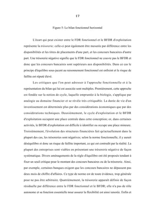 17
Figure 5: Le bilan fonctionnel horizontal
L'écart qui peut exister entre le FDR fonctionnel et le BFDR d'exploitation
représente la trésorerie; celle-ci peut également être mesurée par différence entre les
disponibilités et les titres de placements d'une part, et les concours bancaires d'autre
part. Une trésorerie négative signifie que le FDR fonctionnel ne couvre pas le BFDR et
donc que les concours bancaires sont supérieurs aux disponibilités. Dans ce cas le
principe d'équilibre sous-jacent au raisonnement fonctionnel est enfreint et le risque de
faillite est réputé élevé.
Les critiques que l'on peut adresser à l'approche fonctionnelle et à la
représentation du bilan qui lui est associée sont multiples. Premièrement, cette approche
est fondée sur la notion de cycle, laquelle empruntée à la biologie, s'applique par
analogie au domaine financier et se révèle très critiquable. La durée de vie d'un
investissement est déterminée plus par des considérations économiques que par des
considérations techniques. Deuxièmement, le cycle d'exploitation et le BFDR
d'exploitation occupent une place centrale dans cette conception; or, dans certaines
activités, le BFDR d'exploitation est difficile à identifier ou occupe une place mineure.
Troisièmement, l'évolution des structures financières fait qu'actuellement dans la
plupart des cas, les trésoreries sont négatives; selon la norme fonctionnelle, il y aurait
déséquilibre et donc un risque de faillite important, ce qui est contredit par la réalité. La
plupart des entreprises sont viables en présentant une trésorerie négative de façon
systématique. Divers aménagements de la règle d'équilibre ont été proposés tendant à
fixer un seuil critique pour le montant des concours bancaires ou de la trésorerie. Ainsi,
par exemple, certaines banques exigent que les concours bancaires ne dépassent pas
deux mois de chiffre d'affaires. Ce type de norme est de toute évidence, trop générale
pour ne pas être arbitraire. Quatrièmement, la trésorerie apparaît définie de façon
résiduelle par différence entre le FDR fonctionnel et le BFDR; elle n'a pas de rôle
autonome et sa fonction essentielle pour assurer la flexibilité est ainsi ignorée. Enfin et
 