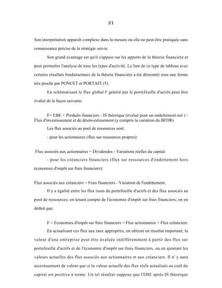 21
Son interprétation apparaît complexe dans la mesure où elle ne peut être pratiquée sans
connaissance précise de la stratégie suivie.
Son grand avantage est qu'il s'appuie sur les apports de la théorie financière et
peut permettre l'analyse de tous les types d'activité. Le lien de ce type de tableau avec
certains résultats fondamentaux de la théorie financière a été démontré sous une forme
très proche par PONCET et PORTAIT (5).
En schématisant le flux global F généré par le portefeuille d'actifs peut être
évalué de la façon suivante:
F= EBE + Produits financiers - IS théorique (évalué pour un endettement nul ) -
Flux d'investissement et de désinvestissement (y compris la variation du BFDR)
Les flux associés au pool de ressources sont:
- pour les actionnaires (flux sur ressources propres):
Flux associés aux actionnaires = Dividendes - Variations réelles du capital
- pour les créanciers financiers (flux sur ressources d'endettement hors
économies d'impôt sur frais financiers):
Flux associés aux créanciers = Frais financiers - Variation de l'endettement
Il y a égalité entre les flux issus du portefeuille d'actifs et des flux associés au
pool de ressources; en tenant compte de l'économie d'impôt sur frais financiers; on en
déduit que:
F + Economies d'impôt sur frais financiers = Flux actionnaires + Flux créanciers
En actualisant ces flux aux taux appropriés, on obtient un résultat important; la
valeur d'une entreprise peut être évaluée indifféremment à partir des flux sur
portefeuille d'actifs et de l'économie d'impôt sur frais financiers, ou en ajoutant les
valeurs actuelles des flux associés aux actionnaires et aux créanciers. Il n' y aura
accroissement de valeur que si la valeur actuelle des flux réels actualisés au coût du
capital est positive à terme. Un tel résultat suppose que l'EBE aprés IS théorique
 