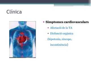 Clínica
 Símptomes cardiovasculars
 Afectació de la TA
 Disfunció orgànica
(hipotonia, síncope,
incontinència)
 