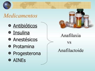 Medicamentos Antibióticos Insulina Anestésicos Protamina Progesterona AINEs Anafilactoide Anafilaxia vs 