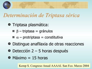 Determinación de Triptasa sérica Triptasa plasmática:   –  triptasa = gránulos   –  protriptasa = constitutiva Distingue anafilaxia de otras reacciones Detección 2 – 5 horas después Máximo = 15 horas Kemp S. Congreso Anual AAAAI. San Fco. Marzo 2004 