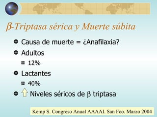  -Triptasa sérica y Muerte súbita Causa de muerte = ¿Anafilaxia? Adultos  12% Lactantes 40% Niveles séricos de    triptasa Kemp S. Congreso Anual AAAAI. San Fco. Marzo 2004 