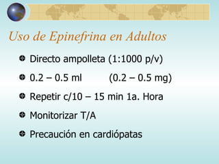 Uso de Epinefrina en Adultos Directo ampolleta (1:1000 p/v) 0.2 – 0.5 ml  (0.2 – 0.5 mg) Repetir c/10 – 15 min 1a. Hora Monitorizar T/A Precaución en cardiópatas 