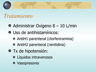 Tratamiento Administrar Oxígeno 8 – 10 L/min Uso de antihistamínicos: AntiH1 parenteral (clorfeniramina) AntiH2 parenteral (ranitidina) Tx de hipotensión: Líquidos intravenosos Vasopresores 