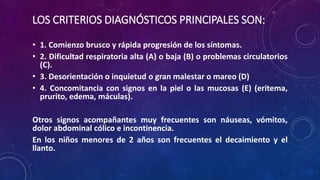 LOS CRITERIOS DIAGNÓSTICOS PRINCIPALES SON:
• 1. Comienzo brusco y rápida progresión de los síntomas.
• 2. Dificultad respiratoria alta (A) o baja (B) o problemas circulatorios
(C).
• 3. Desorientación o inquietud o gran malestar o mareo (D)
• 4. Concomitancia con signos en la piel o las mucosas (E) (eritema,
prurito, edema, máculas).
Otros signos acompañantes muy frecuentes son náuseas, vómitos,
dolor abdominal cólico e incontinencia.
En los niños menores de 2 años son frecuentes el decaimiento y el
llanto.
 