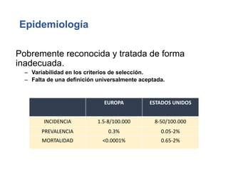 Epidemiología
Pobremente reconocida y tratada de forma
inadecuada.
– Variabilidad en los criterios de selección.
– Falta de una definición universalmente aceptada.
EUROPA ESTADOS UNIDOS
INCIDENCIA 1.5-8/100.000 8-50/100.000
PREVALENCIA 0.3% 0.05-2%
MORTALIDAD <0.0001% 0.65-2%
 