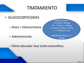 TRATAMIENTO
• GLUCOCORTICOIDES
– Dosis = hidrocortisona
– Administración
– Efecto deseado: fase tardia eosinofilica.
Hidorcortisona:
12 años = 200 mg
6 – 12 años = 100 mg
6 meses y 6 años = 50 mg
 < 6 meses 25 mg
Metilprednisolona: 1 -2
mg/kg
 