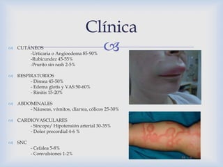  CUTÁNEOS
-Urticaria o Angioedema 85-90%
-Rubicundez 45-55%
-Prurito sin rash 2-5%
 RESPIRATORIOS
- Disnea 45-50%
- Edema glotis y VAS 50-60%
- Rinitis 15-20%
 ABDOMINALES
- Náuseas, vómitos, diarrea, cólicos 25-30%
 CARDIOVASCULARES
- Síncope/ Hipotensión arterial 30-35%
- Dolor precordial 4-6 %
 SNC
- Cefalea 5-8%
- Convulsiones 1-2%
Clínica
 
