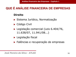 Análise Financeira das Empresas - Capitulo 1

QUE É ANÁLISE FINANCEIRA DE EMPRESAS
Direito


Sistema Jurídico, Normatização



Código Civil



Legislação comercial (Leis 6.404/76,
11.638/07, 11.941/08...)



Legislação fiscal



Falências e recuperação de empresas

José Pereira da Silva - ATLAS

16

 