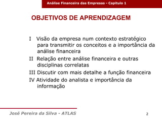 Análise Financeira das Empresas - Capitulo 1

OBJETIVOS DE APRENDIZAGEM
I

Visão da empresa num contexto estratégico
para transmitir os conceitos e a importância da
análise financeira

II Relação entre análise financeira e outras
disciplinas correlatas
III Discutir com mais detalhe a função financeira
IV Atividade do analista e importância da
informação

José Pereira da Silva - ATLAS

2

 