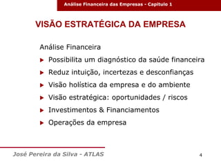 Análise Financeira das Empresas - Capitulo 1

VISÃO ESTRATÉGICA DA EMPRESA
Análise Financeira


Possibilita um diagnóstico da saúde financeira



Reduz intuição, incertezas e desconfianças



Visão holística da empresa e do ambiente



Visão estratégica: oportunidades / riscos



Investimentos & Financiamentos



Operações da empresa

José Pereira da Silva - ATLAS

4

 