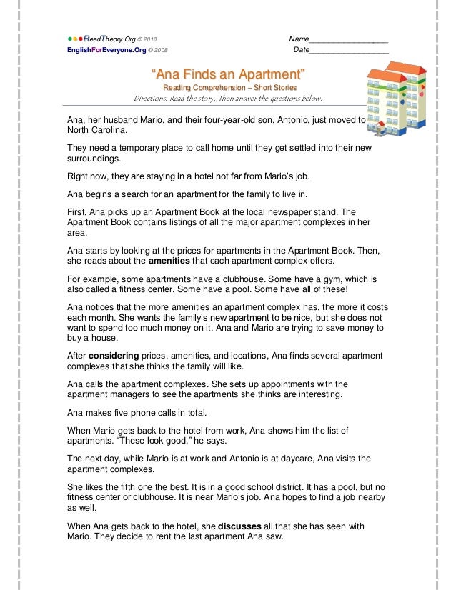 Ana Finds An Apartment Reading Comprehension Ana Finds An Apartment Reading Comprehension
