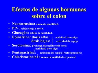 Efectos de algunas hormonas sobre el colon Neurotensina:  aumenta motilidad. PIV:  relaja ciego y recto. Glucagón:  inhibe la motilidad. Epinefrina: dosis altas:  actividad de espiga      dosis bajas:  actividad de espiga Serotonina:  prolonga duración onda lenta    actividad de espiga Pentagastrina:  actividad de espiga (rectosigmoides) Colecistocineína:  aumenta motilidad en general. 