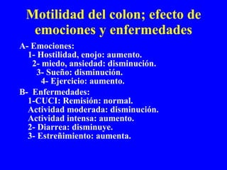 Motilidad del colon; efecto de emociones y enfermedades A- Emociones:  1- Hostilidad, enojo: aumento.  2- miedo, ansiedad: disminución.  3- Sueño: disminución.  4- Ejercicio: aumento. B-  Enfermedades:  1-CUCI: Remisión: normal.  Actividad moderada: disminución.  Actividad intensa: aumento.  2- Diarrea: disminuye.  3- Estreñimiento: aumenta.  