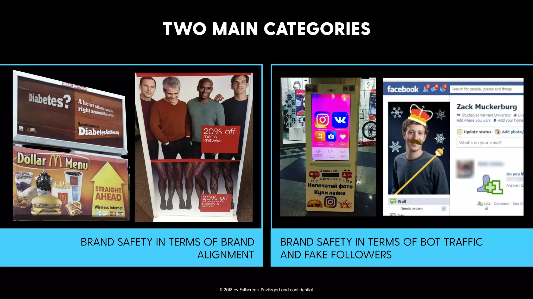 BRAND SAFETY IN TERMS OF BRAND
ALIGNMENT
BRAND SAFETY IN TERMS OF BOT TRAFFIC
AND FAKE FOLLOWERS
TWO MAIN CATEGORIES
© 2018 by Fullscreen. Privileged and conﬁdential.
 