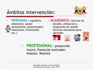 Ámbitos intervención: PERSONAL :  equilibrio emocional, ajuste (autoestima, autoconcepto, motivación, frustración, etc.) - ACADÉMICO :  técnicas de estudio, utilización y aceptación de ayudas técnicas necesarias para aprender PROFESIONAL :  proyección futuro. Potencial motivador. Impulso. Realista Jornadas Atención a la diversidad Enseñanzas Artísticas. Junio 2011 