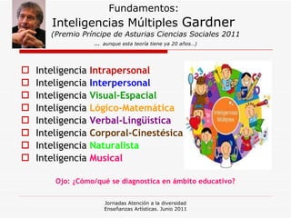 Fundamentos:  Inteligencias Múltiples  Gardner  (Premio Príncipe de Asturias Ciencias Sociales 2011 …  aunque esta teoría tiene ya 20 años…) Inteligencia  Intrapersonal Inteligencia  Interpersonal Inteligencia  Visual-Espacial Inteligencia  Lógico-Matemática Inteligencia   Verbal-Lingüística Inteligencia   Corporal-Cinestésica Inteligencia   Naturalista Inteligencia   Musical Ojo: ¿Cómo/qué se diagnostica en ámbito educativo? Jornadas Atención a la diversidad Enseñanzas Artísticas. Junio 2011 