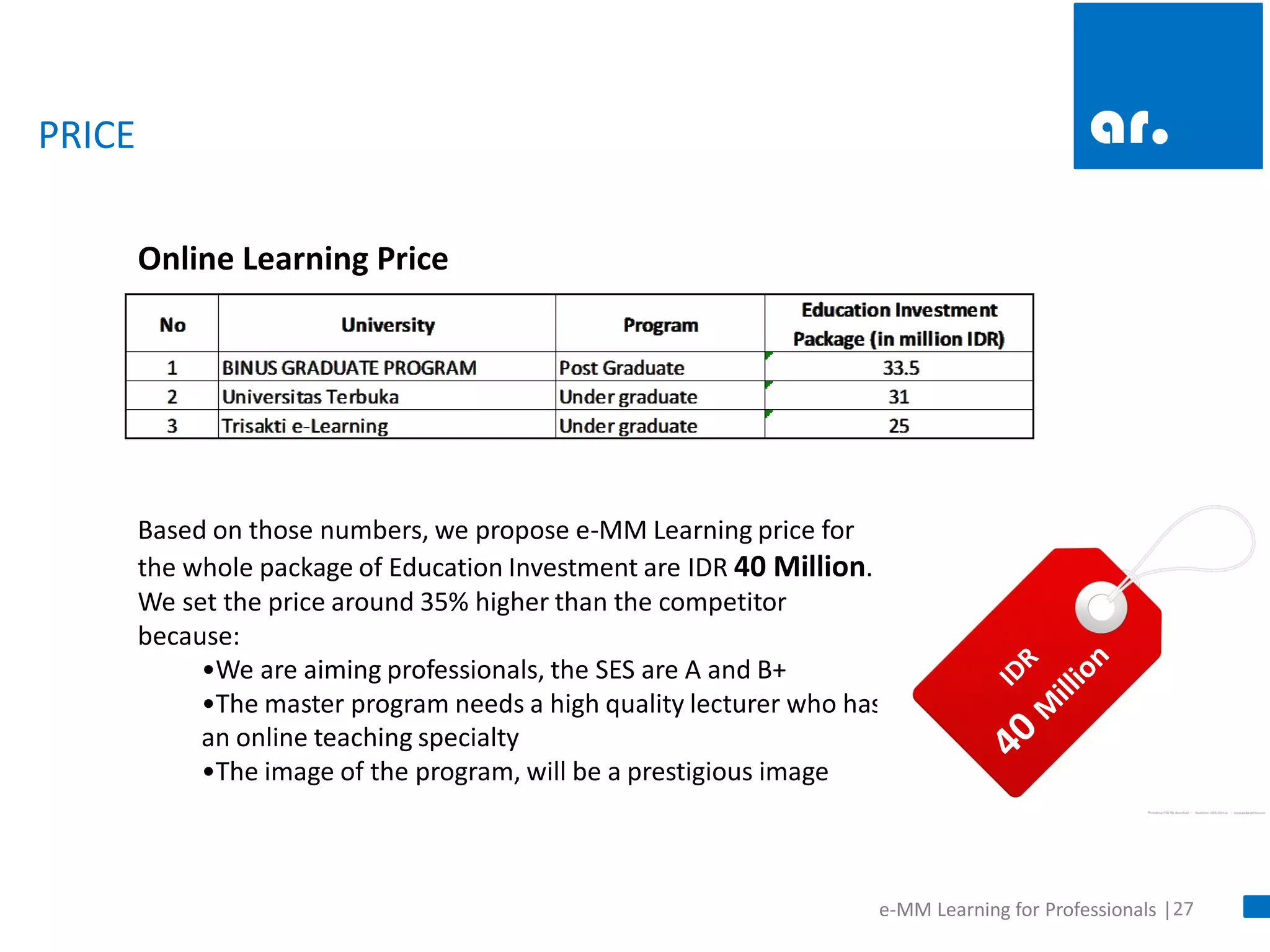 27 
e-MM Learning for Professionals | 
PRICE 
Based on those numbers, we propose e-MM Learning price for the whole package of Education Investment are IDR 40 Million. We set the price around 35% higher than the competitor because: •We are aiming professionals, the SES are A and B+ •The master program needs a high quality lecturer who has an online teaching specialty •The image of the program, will be a prestigious image 
Online Learning Price  