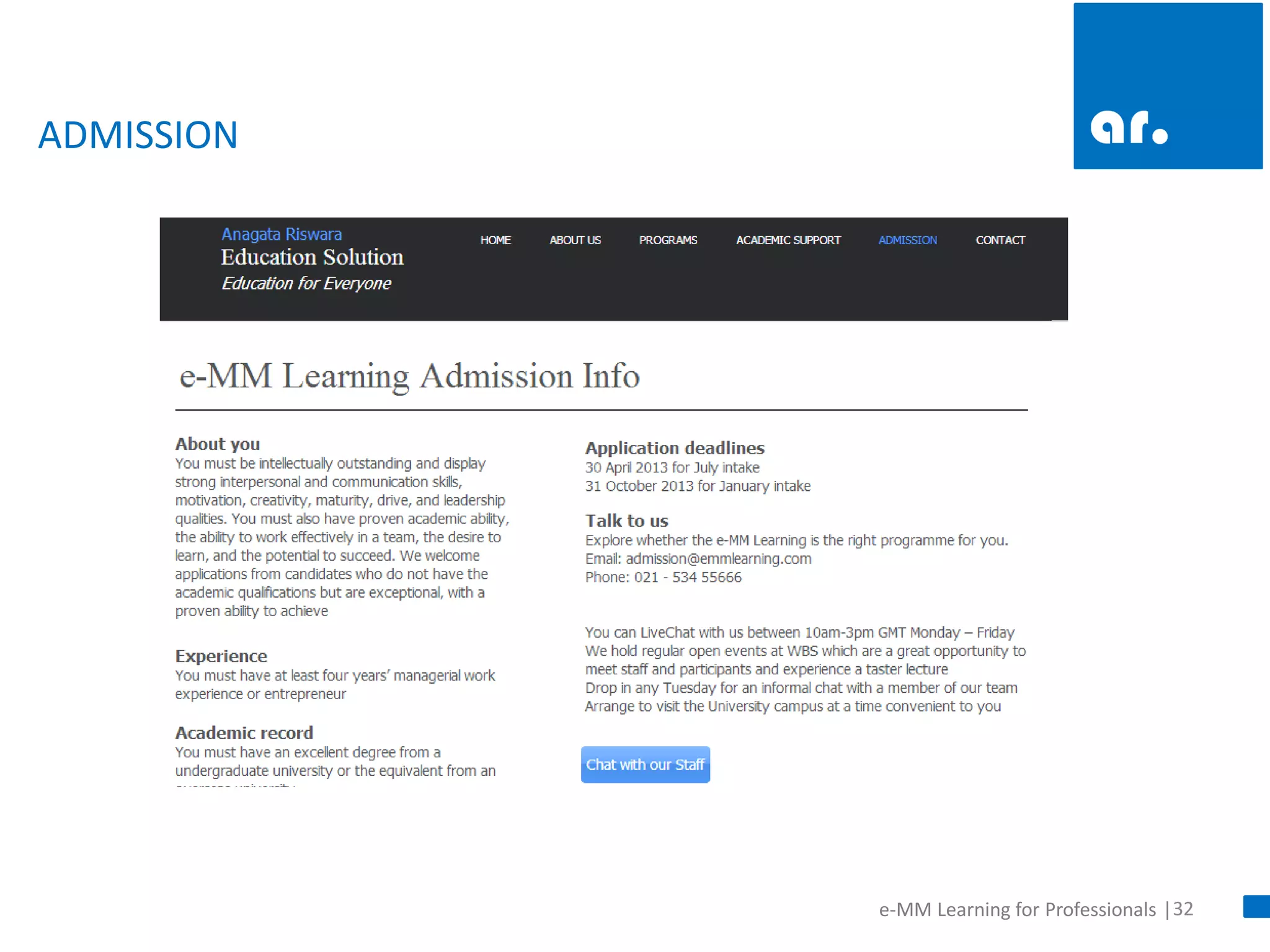 32 
e-MM Learning for Professionals | 
ADMISSION  