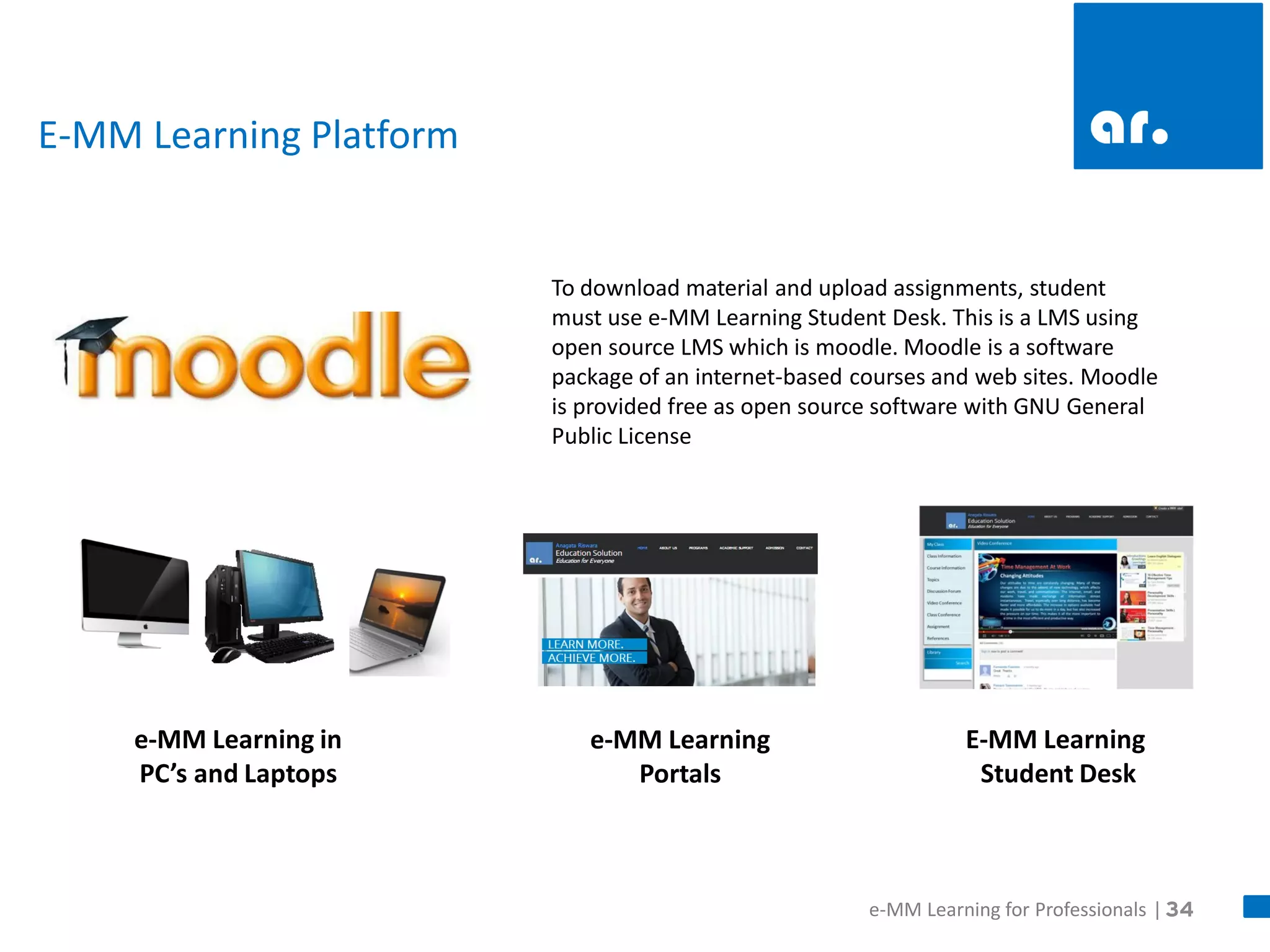 34 
E-MM Learning Platform 
e-MM Learning in PC’s and Laptops 
E-MM Learning Student Desk 
e-MM Learning Portals 
To download material and upload assignments, student must use e-MM Learning Student Desk. This is a LMS using open source LMS which is moodle. Moodle is a software package of an internet-based courses and web sites. Moodle is provided free as open source software with GNU General Public License 
e-MM Learning for Professionals |  