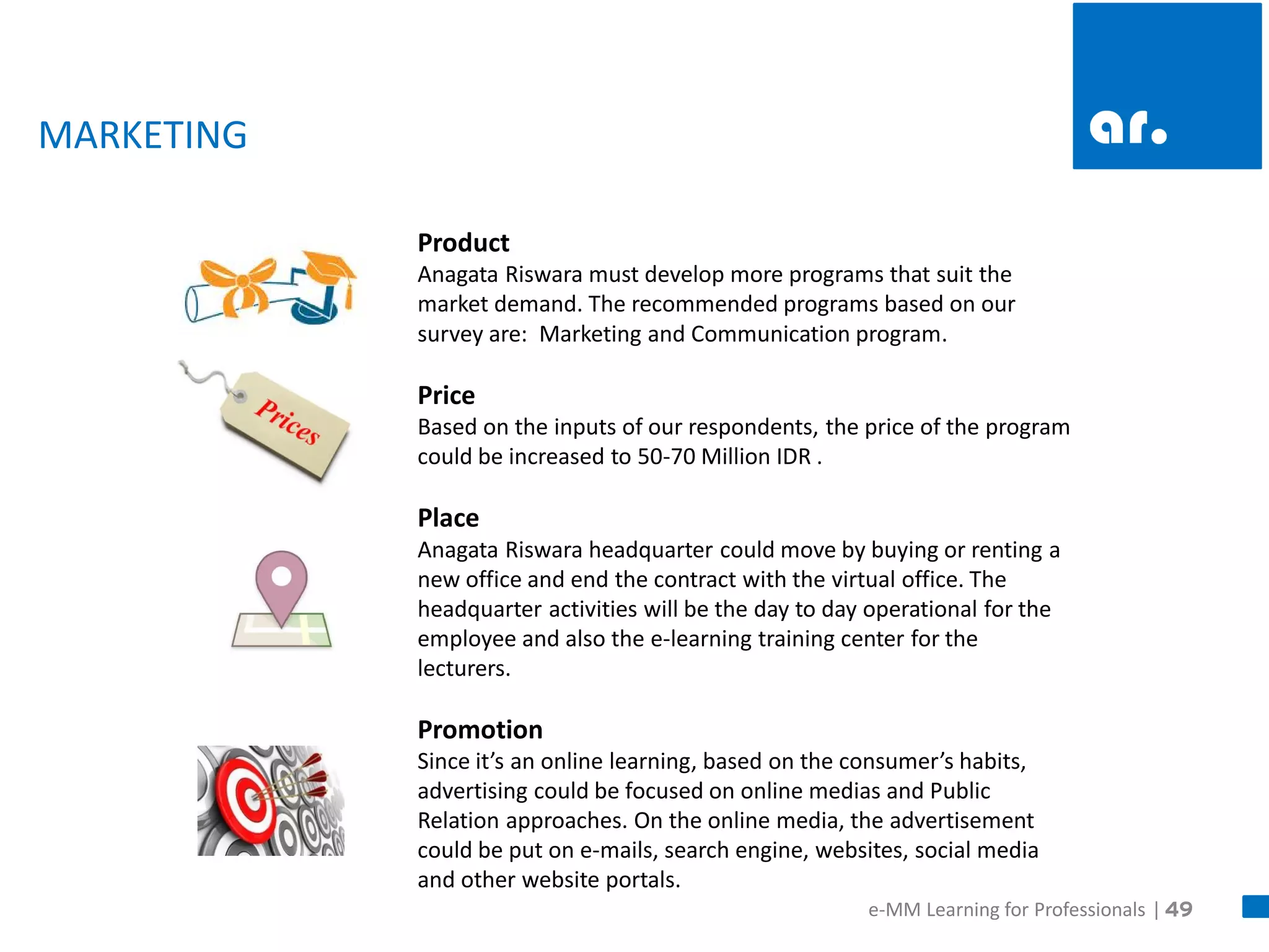 49 
MARKETING 
Product 
Anagata Riswara must develop more programs that suit the market demand. The recommended programs based on our survey are: Marketing and Communication program. 
Price 
Based on the inputs of our respondents, the price of the program could be increased to 50-70 Million IDR . 
Place 
Anagata Riswara headquarter could move by buying or renting a new office and end the contract with the virtual office. The headquarter activities will be the day to day operational for the employee and also the e-learning training center for the lecturers. 
Promotion 
Since it’s an online learning, based on the consumer’s habits, advertising could be focused on online medias and Public Relation approaches. On the online media, the advertisement could be put on e-mails, search engine, websites, social media and other website portals. 
e-MM Learning for Professionals |  