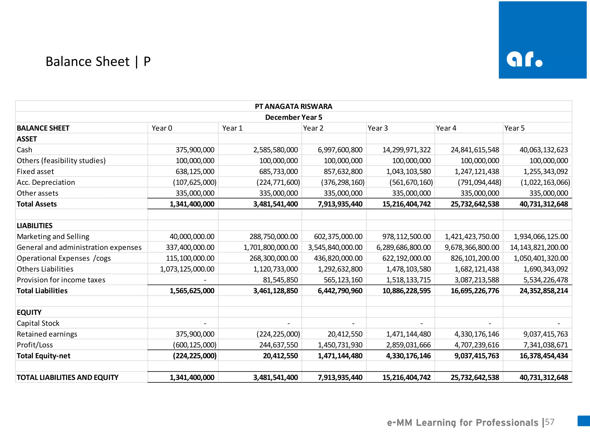 57 
e-MM Learning for Professionals | 
Balance Sheet | P 
BALANCE SHEETYear 0Year 1Year 2Year 3Year 4Year 5ASSETCash375,900,000 2,585,580,000 6,997,600,800 14,299,971,322 24,841,615,548 40,063,132,623 Others (feasibility studies)100,000,000 100,000,000 100,000,000 100,000,000 100,000,000 100,000,000 Fixed asset638,125,000 685,733,000 857,632,800 1,043,103,580 1,247,121,438 1,255,343,092 Acc. Depreciation(107,625,000) (224,771,600) (376,298,160) (561,670,160) (791,094,448) (1,022,163,066) Other assets335,000,000 335,000,000 335,000,000 335,000,000 335,000,000 335,000,000 Total Assets1,341,400,000 3,481,541,400 7,913,935,440 15,216,404,742 25,732,642,538 40,731,312,648 LIABILITIESMarketing and Selling40,000,000.00 288,750,000.00 602,375,000.00 978,112,500.00 1,421,423,750.00 1,934,066,125.00 General and administration expenses337,400,000.00 1,701,800,000.00 3,545,840,000.00 6,289,686,800.00 9,678,366,800.00 14,143,821,200.00 Operational Expenses /cogs115,100,000.00 268,300,000.00 436,820,000.00 622,192,000.00 826,101,200.00 1,050,401,320.00 Others Liabilities1,073,125,000.00 1,120,733,000 1,292,632,800 1,478,103,580 1,682,121,438 1,690,343,092 Provision for income taxes- 81,545,850 565,123,160 1,518,133,715 3,087,213,588 5,534,226,478 Total Liabilities1,565,625,000 3,461,128,850 6,442,790,960 10,886,228,595 16,695,226,776 24,352,858,214 EQUITYCapital Stock- - - - - - Retained earnings375,900,000 (224,225,000) 20,412,550 1,471,144,480 4,330,176,146 9,037,415,763 Profit/Loss(600,125,000) 244,637,550 1,450,731,930 2,859,031,666 4,707,239,616 7,341,038,671 Total Equity-net(224,225,000) 20,412,550 1,471,144,480 4,330,176,146 9,037,415,763 16,378,454,434 TOTAL LIABILITIES AND EQUITY1,341,400,000 3,481,541,400 7,913,935,440 15,216,404,742 25,732,642,538 40,731,312,648 PT ANAGATA RISWARADecember Year 5  