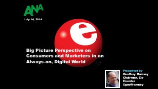 Big Picture Perspective on
Consumers and Marketers in an
Always-on, Digital World
July 14, 2014
Presented by  
Geoffrey Ramsey 
Chairman, Co-
Founder
@geofframsey
 