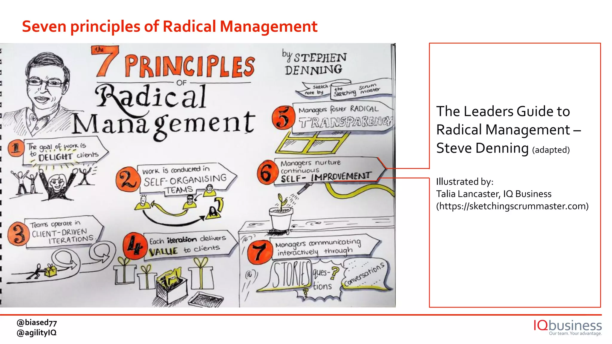 The Leaders Guide to
Radical Management –
Steve Denning (adapted)
Illustrated by:
Talia Lancaster, IQ Business
(https://sketchingscrummaster.com)
Seven principles of Radical Management
@biased77
@agilityIQ
 