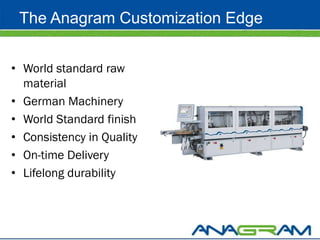 The Anagram Customization Edge


• World standard raw
  material
• German Machinery
• World Standard finish
• Consistency in Quality
• On-time Delivery
• Lifelong durability
 