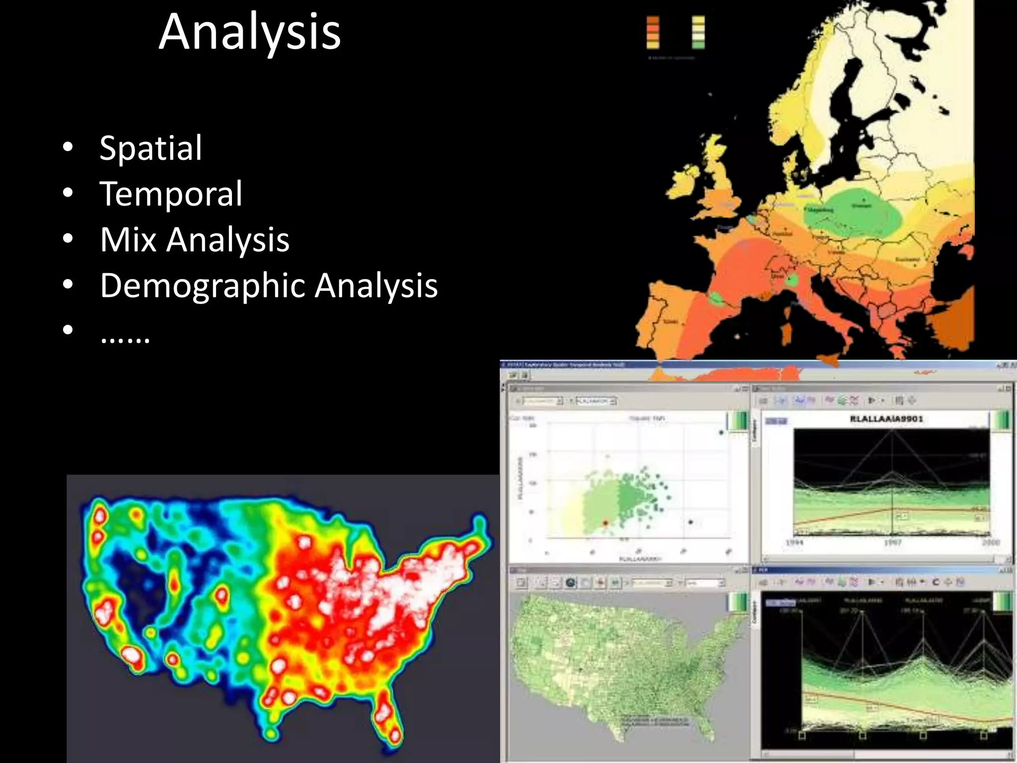 Analysis
•
•
•
•
•

Spatial
Temporal
Mix Analysis
Demographic Analysis
……

 