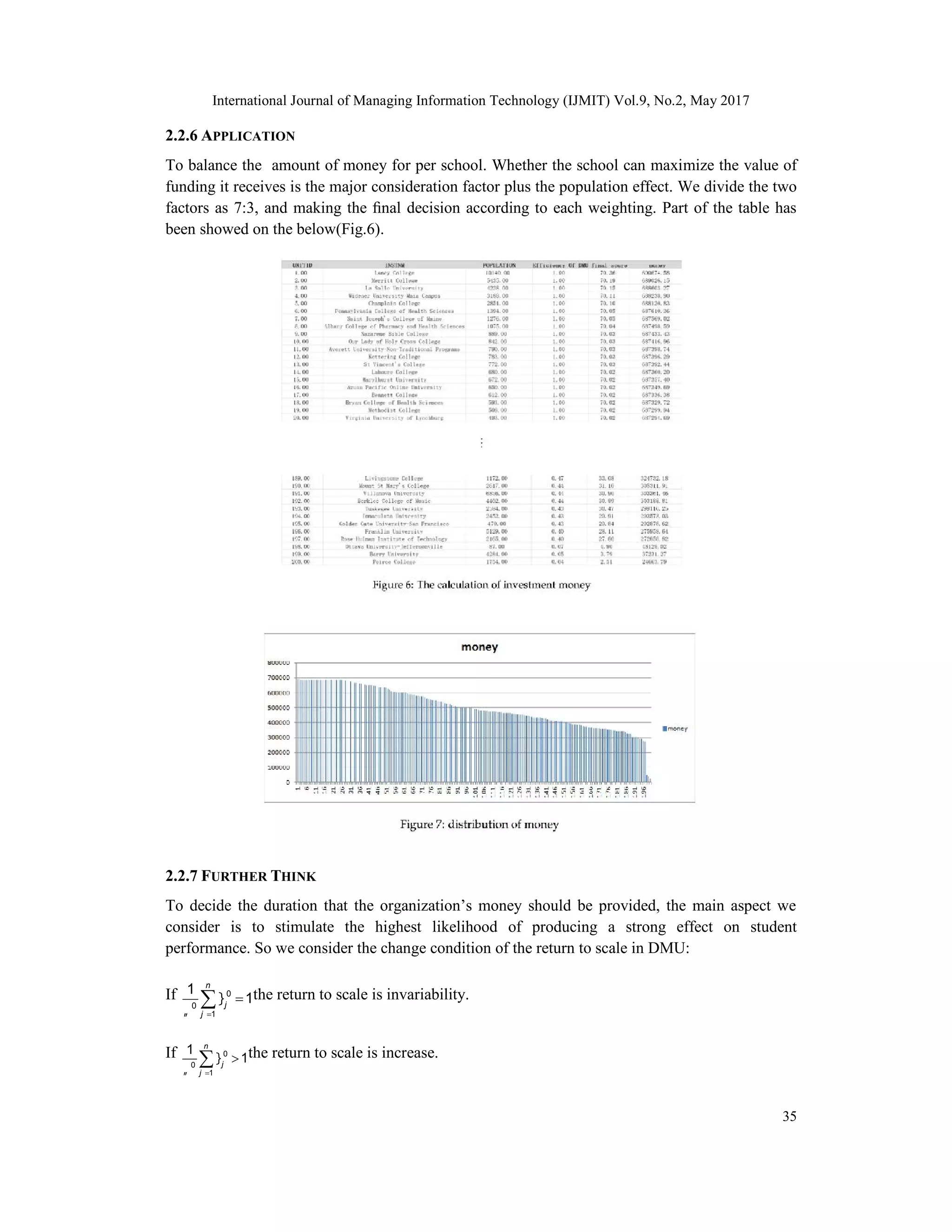 International Journal of Managing Information Technology (IJMIT) Vol.9, No.2, May 2017
35
2.2.6 APPLICATION
To balance the amount of money for per school. Whether the school can maximize the value of
funding it receives is the major consideration factor plus the population effect. We divide the two
factors as 7:3, and making the ﬁnal decision according to each weighting. Part of the table has
been showed on the below(Fig.6).
2.2.7 FURTHER THINK
To decide the duration that the organization’s money should be provided, the main aspect we
consider is to stimulate the highest likelihood of producing a strong effect on student
performance. So we consider the change condition of the return to scale in DMU:
If 0
0
1
1
1
n
j
j

 

 the return to scale is invariability.
If 0
0
1
1
1
n
j
j

 

 the return to scale is increase.
 