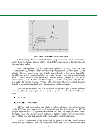 22
Şekil 1.25: n-kanallı JFET karakteristik eğrisi
Şekil 1.25‘de gösterilen karakteristik eğrinin yatay ekseni drain - source arası voltajı,
dikey ekseni ise ID drain akımını gösterir. Şimdi JFET'in çalışmasını bu karakteristik eğri
üzerinda tekrar edelim.
Gate - source gerilimi (VGS) VGG bataryası ile sağlanırsa JFET 'ten ID akımı akar. Gate
- source eklemi VGG bataryası ile ters polarmalandığı için gate akımı IG=0 olur. Şekil 1.24‘de
olduğu gibi gate - source arası voltaj 0 Volta ayarlandığında ID drain akımı önemli bir
büyüklüktedir ve IDSS olarak adlandırılır. (IDSS = gate - source eklemi kısa devre olduğunda
drain - source arasında akan akım) VDS, sıfırdan itibaren yaklaşık 4 Volta kadar
arttırıldığında ID akımı da artar. Karakteristik eğride VA noktası kanal pinch - off noktasıdır.
IDSS değeri de yaklaşık 1mA'dır. **Pinch - off noktasından itibaren VDS voltaj değişime
karşılık ID akım değişimi çok çok azdır. Bu ana saturasyon (doyum) denir.
Eğer drain kaynak voltajı daha fazla arttırılırsa, ters polarmalı gate ekleminin bozulma
olayı (breakdown) meydana gelir. Bu ise yüksek bir ID akımına neden olarak JFET hasara
uğrar.
1.5.1. MOSFET
1.5.1.1. MOSFET’lerin yapısı
JFET'ler klasik transistörlere göre büyük bir gelişme olmasına rağmen bazı limitleri
vardır. JFET'lerin giriş empedansları klasik transistörlerden daha fazla olduğu için, JFET'in
girişine bağlanan sinyal kaynağından çekilen küçük miktardaki ters beyz gate akımı, sinyal
kaynağını yükler. Bu yükleme etkisini azaltmak ve frekans cevabını (respond) geliştirmek
için JFET'lere göre daha fazla gelişmiş başka bir alan etkili transistör yapılmıştır.
Alan etkili transistörün (FET) geliştirilmiş tipi genellikle MOSFET olarak bilinen
metal oksit yarı iletkendir. MOSFET kelimesinin açılımı metal oxide semiconductor field
 