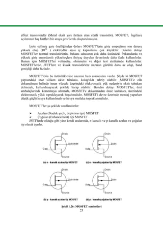 23
effect transistordür (Metal oksit yarı iletken alan etkili transistör). MOSFET, İngilizce
açılımının baş harfleri bir araya getirilerek oluşturulmuştur.
İzole edilmiş gate özelliğinden dolayı MOSFET'lerin giriş empedansı son derece
yüksek olup (1014
) elektrodlar arası iç kapasitansı çok küçüktür. Bundan dolayı
MOSFET'ler normal transistörlerin, frekans sahasının çok daha üstündeki frekanslarda ve
yüksek giriş empedanslı yükselteçlere ihtiyaç duyulan devrelerde daha fazla kullanılırlar.
Bunun için MOSFET'ler voltmetre, ohmmetre ve diğer test aletlerinde kullanılırlar.
MOSFET'lerde, JFET'lere ve klasik transistörlere nazaran gürültü daha az olup, band
genişliği daha fazladır.
MOSFET'lerin bu üstünlüklerine nazaran bazı sakıncaları vardır. Şöyle ki MOSFET
yapısındaki ince silikon oksit tabakası, kolaylıkla tahrip olabilir. MOSFET'e elle
dokunulması halinde insan vücudu üzerindeki elektrostatik yük nedeniyle oksit tabakası
delinerek, kullanılmayacak şekilde harap olabilir. Bundan dolayı MOSFET'ler, özel
ambalajlarında korunmaya alınmalı, MOSFET'e dokunmadan önce kullanıcı, üzerindeki
elektrostatik yükü topraklayarak boşaltmalıdır. MOSFET'i devre üzerinde montaj yaparken
düşük güçlü havya kullanılmalı ve havya mutlaka topraklanmalıdır.
MOSFET’ler şu şekilde sınıflandırılır:
 Azalan (Boşluk şarjlı, depletion tipi) MOSFET
 Çoğalan (Enhancement) tipi MOSFET
JFET'lerde olduğu gibi yine kendi aralarında, n-kanallı ve p-kanallı azalan ve çoğalan
tip olarak ayrılır.
Şekil 1.26: MOSFET sembolleri
 