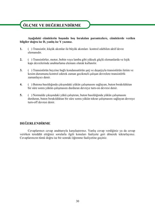 30
ÖLÇME VE DEĞERLENDİRME
Aşağıdaki cümlelerin başında boş bırakılan parantezlere, cümlelerde verilen
bilgiler doğru ise D, yanlış ise Y yazınız.
1. ( ) Transistör, küçük akımlar ile büyük akımları kontrol edebilen aktif devre
elemanıdır.
2. ( ) Transistörler, motor, bobin veya lamba gibi yüksek güçlü elemanlarda ve lojik
kapı devrelerinde anahtarlama elemanı olarak kullanılır.
3. ( ) Transistörün beyzine bağlı kondansatörün şarj ve deşarjıyla transistörün iletim ve
kesim durumunu kontrol ederek zaman gecikmeli çalışan devrelere transistörlü
zamanlayıcı denir.
4. ( ) Butona basıldığında çıkışındaki yükün çalışmasını sağlayan, buton bırakıldıktan
bir süre sonra yükün çalışmasını durduran devreye turn-on devresi denir.
5. ( ) Normalde çıkışındaki yükü çalıştıran, buton basıldığında yükün çalışmasını
durduran, buton bırakıldıktan bir süre sonra yükün tekrar çalışmasını sağlayan devreye
turn-off devresi denir.
DEĞERLENDİRME
Cevaplarınızı cevap anahtarıyla karşılaştırınız. Yanlış cevap verdiğiniz ya da cevap
verirken tereddüt ettiğiniz sorularla ilgili konuları faaliyete geri dönerek tekrarlayınız.
Cevaplarınızın tümü doğru ise bir sonraki öğrenme faaliyetine geçiniz.
ÖLÇME VE DEĞERLENDİRME
 
