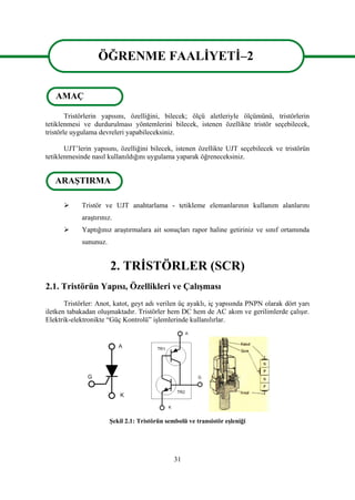 31
ÖĞRENME FAALİYETİ–2
Tristörlerin yapısını, özelliğini, bilecek; ölçü aletleriyle ölçümünü, tristörlerin
tetiklenmesi ve durdurulması yöntemlerini bilecek, istenen özellikte tristör seçebilecek,
tristörle uygulama devreleri yapabileceksiniz.
UJT’lerin yapısını, özelliğini bilecek, istenen özellikte UJT seçebilecek ve tristörün
tetiklenmesinde nasıl kullanıldığını uygulama yaparak öğreneceksiniz.
 Tristör ve UJT anahtarlama - tetikleme elemanlarının kullanım alanlarını
araştırınız.
 Yaptığınız araştırmalara ait sonuçları rapor haline getiriniz ve sınıf ortamında
sununuz.
2. TRİSTÖRLER (SCR)
2.1. Tristörün Yapısı, Özellikleri ve Çalışması
Tristörler: Anot, katot, geyt adı verilen üç ayaklı, iç yapısında PNPN olarak dört yarı
iletken tabakadan oluşmaktadır. Tristörler hem DC hem de AC akım ve gerilimlerde çalışır.
Elektrik-elektronikte “Güç Kontrolü” işlemlerinde kullanılırlar.
Şekil 2.1: Tristörün sembolü ve transistör eşleniği
ÖĞRENME FAALİYETİ–2
AMAÇ
ARAŞTIRMA
 